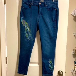 Martha Stewart size 12p jeans with embroidered peacock